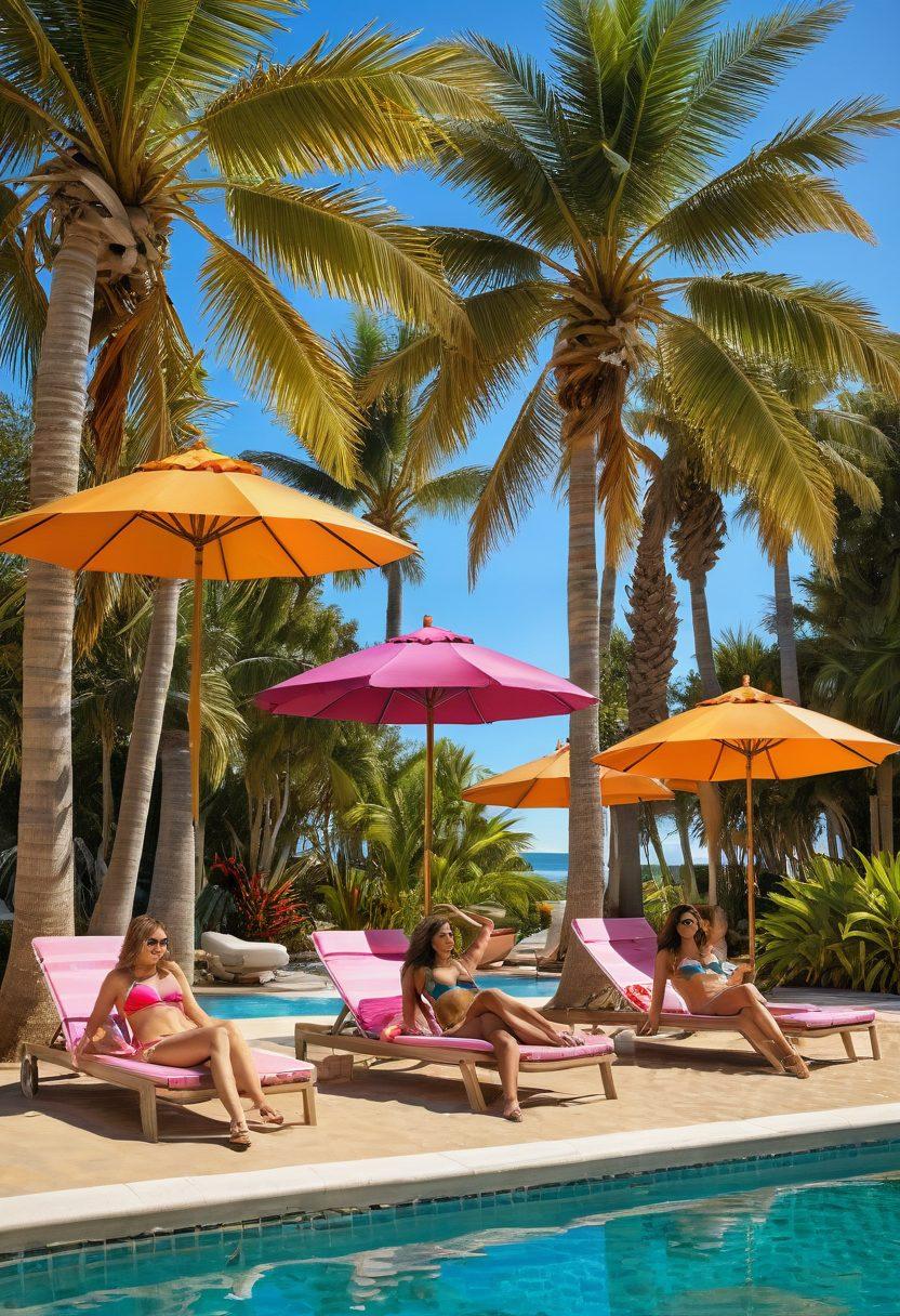 A vibrant poolside scene transitioning to a sunny beach, featuring diverse models of all body types wearing stunning bikini sets in various colors and styles. The background should showcase palm trees, lounging chairs, and crystal clear water, blending into golden sandy shores with beach umbrellas. The atmosphere is lively and inviting, capturing the essence of summer fun and body positivity. Must include bright colors and a warm sunlight effect. super-realistic. vibrant colors. beach theme.